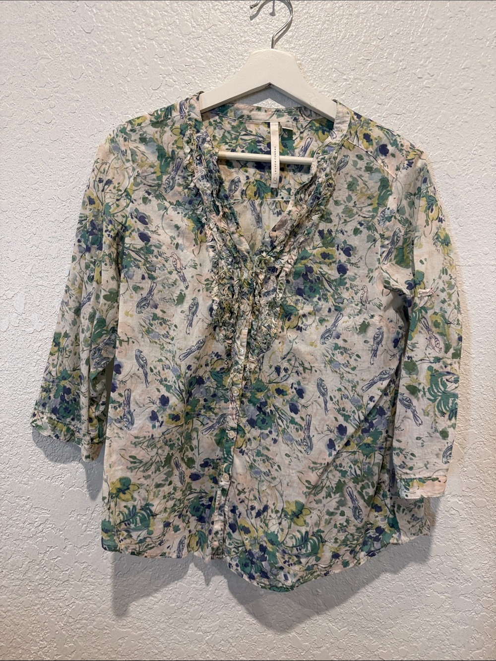 LC Lauren Conrad Floral Ruffle V-Neck Blouse - Green/Blue/Cream